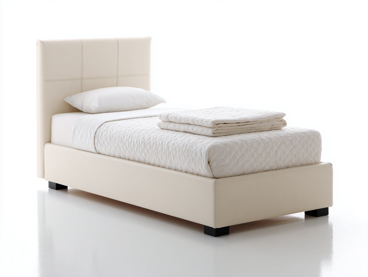 Lit simple - Cuir - 211x109x113 cm - Ivoire - Design minimaliste