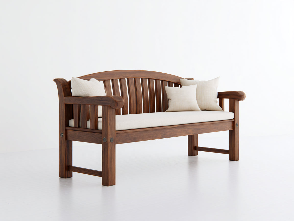 Banc de jardin - Bois-Tissu - 153x63x90 cm - Brun acajou-Écru - Style classique